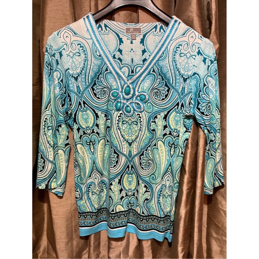 JM Collection Blue & Aqua Paisley V-Neck Long Sleeve Top #1881
